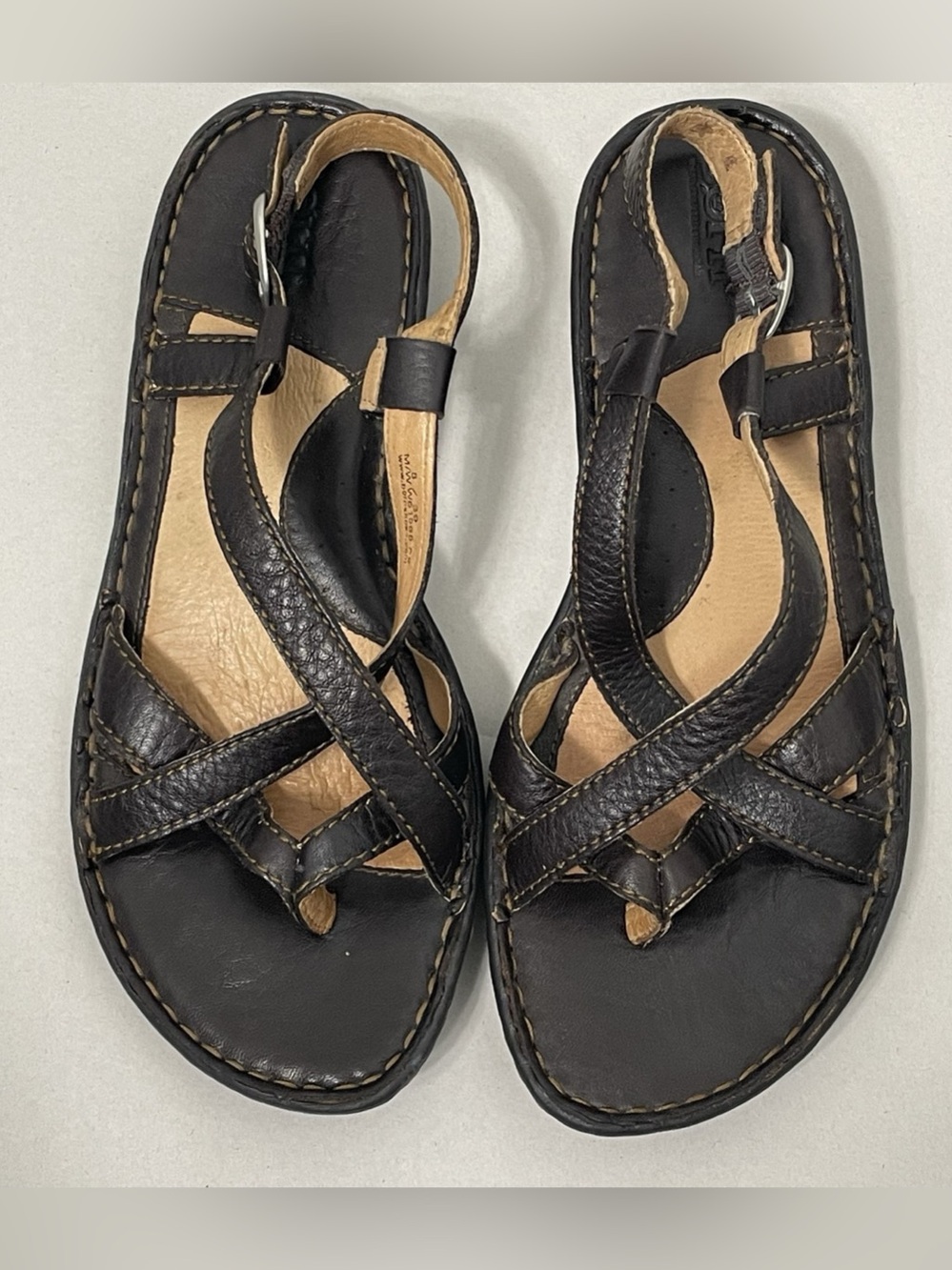 Born Brown Leather Crisscross Thong Sandals Size 8